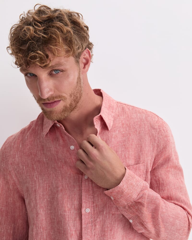 Long Sleeve Linen Yarn-Dyed Shirt in TERRACOTTA
