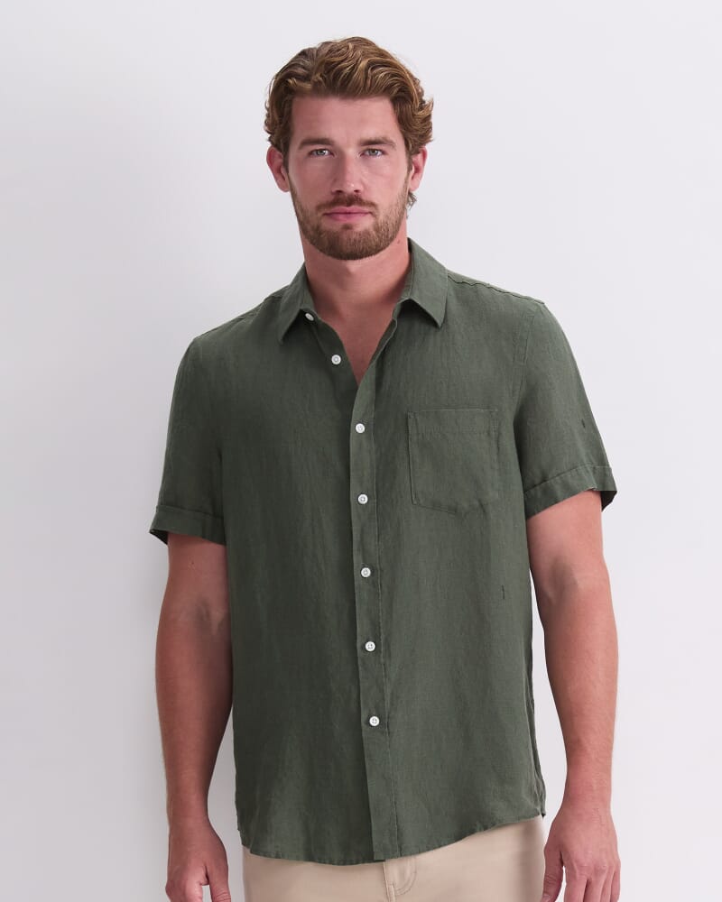 Short Sleeve Yarn-Dyed Linen Shirt in KHAKI