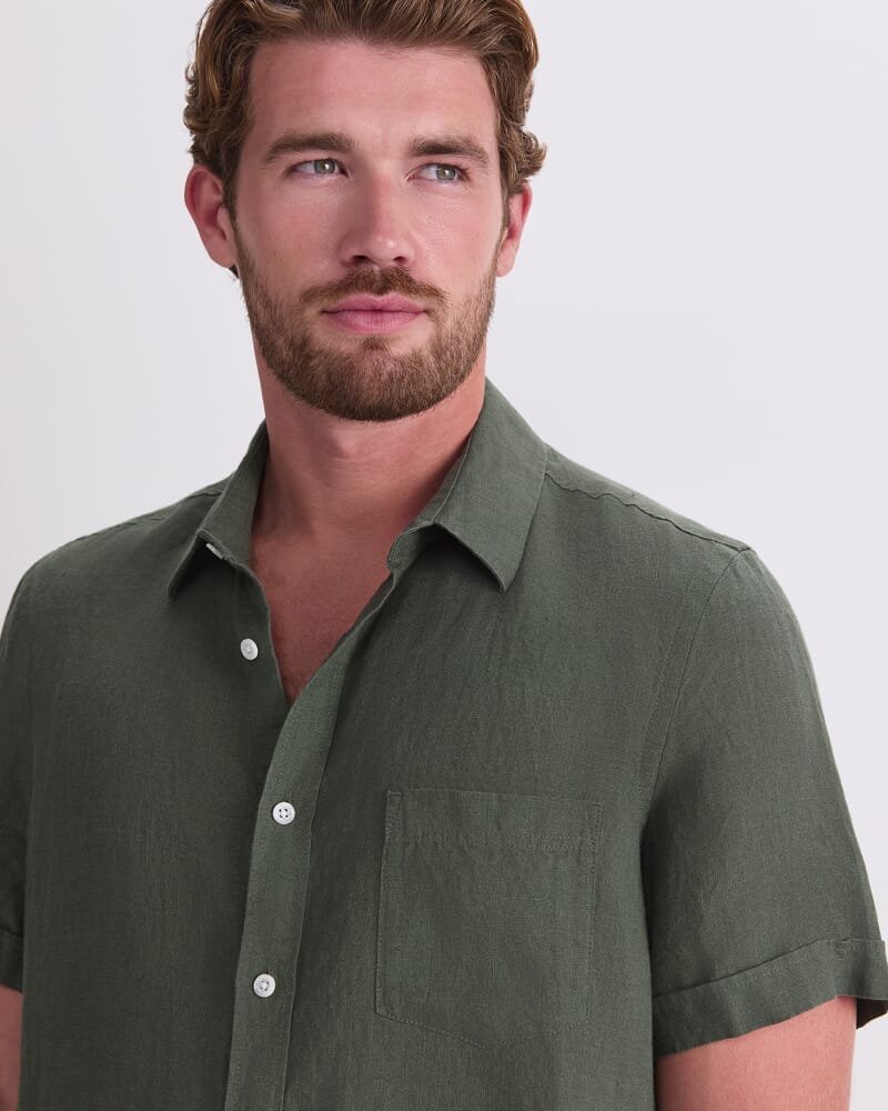 Short Sleeve Yarn-Dyed Linen Shirt in KHAKI