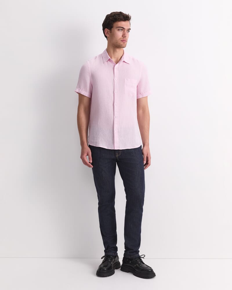 Short Sleeve Yarn-Dyed Linen Shirt in PALE PINK