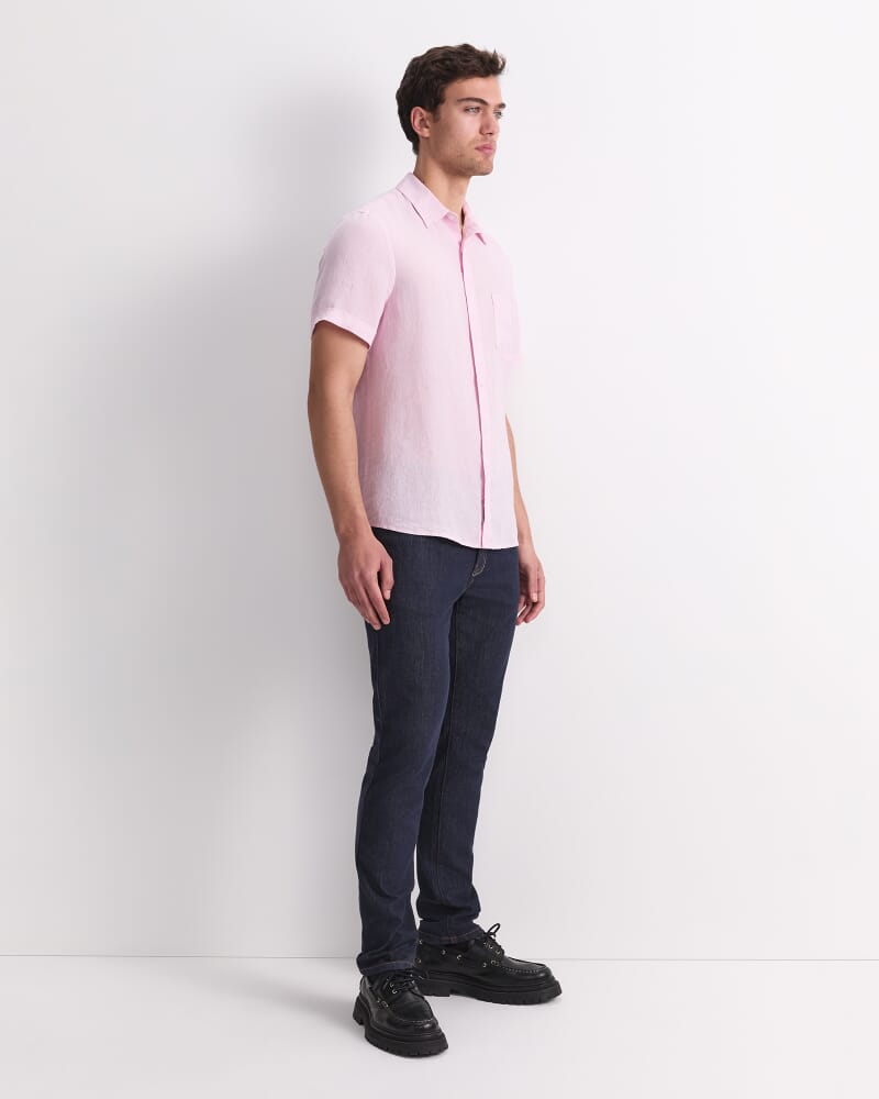 Short Sleeve Yarn-Dyed Linen Shirt in PALE PINK