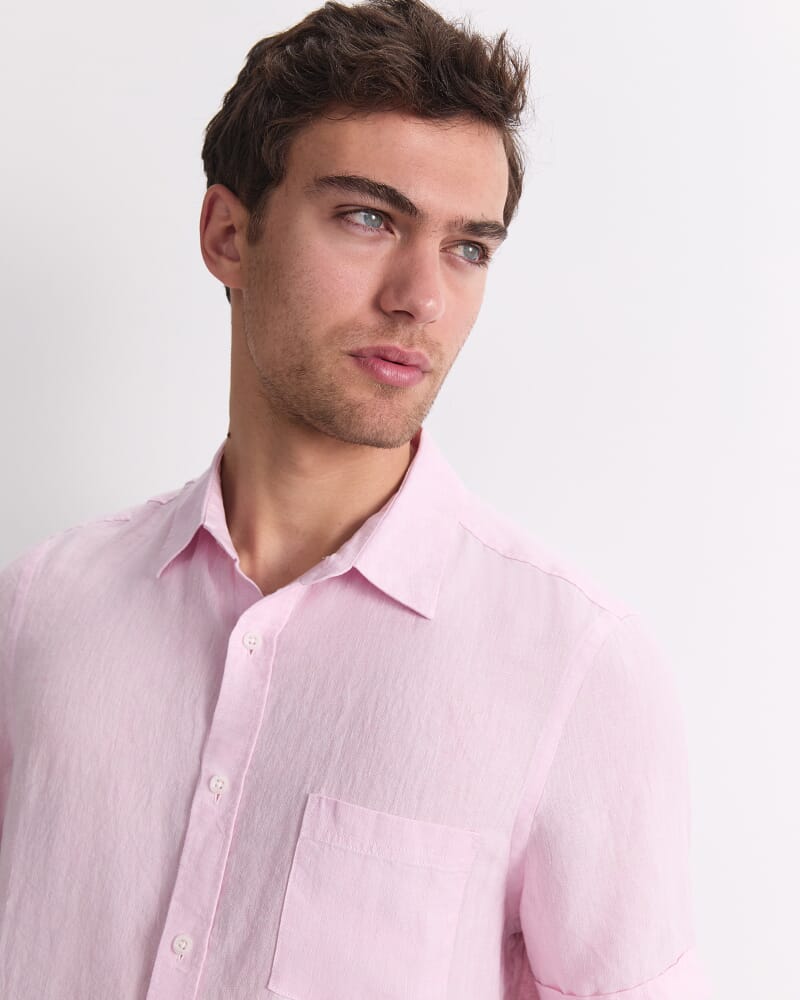 Short Sleeve Yarn-Dyed Linen Shirt in PALE PINK