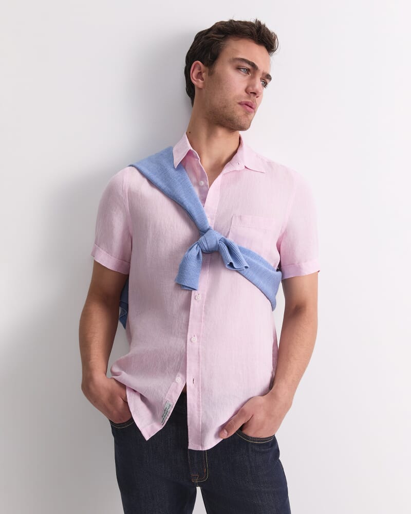 Short Sleeve Yarn-Dyed Linen Shirt in PALE PINK