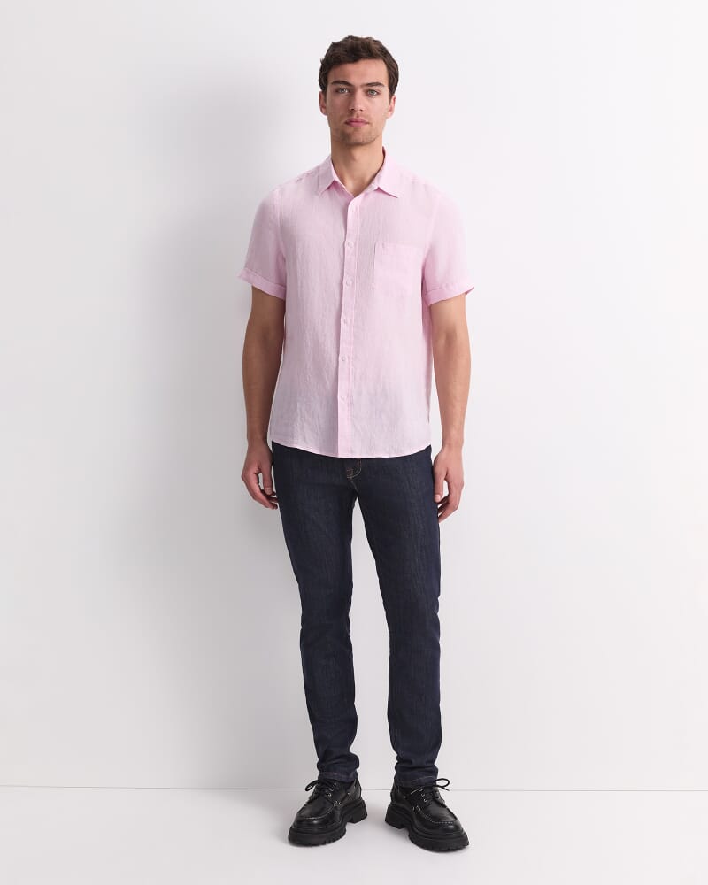 Short Sleeve Yarn-Dyed Linen Shirt in PALE PINK