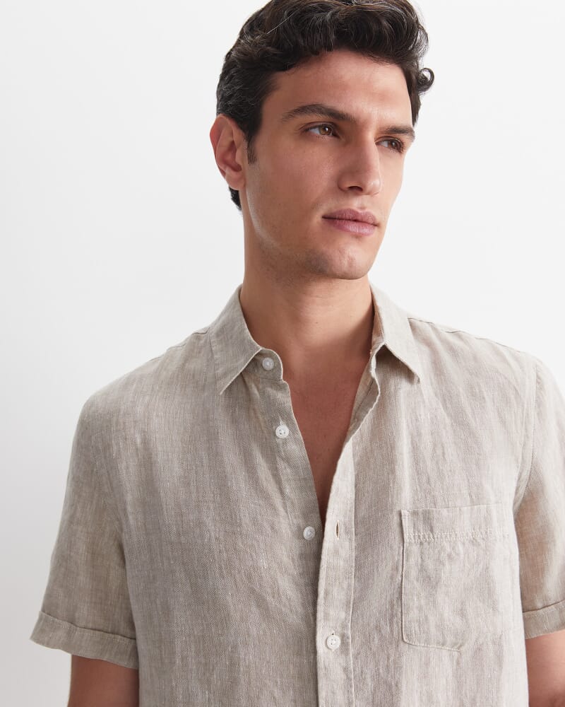 Short Sleeve Yarn-Dyed Linen Shirt in STRING