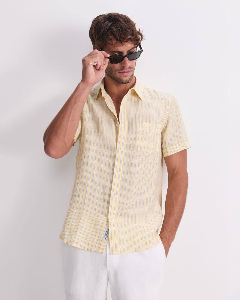 Stripe Short Sleeve Linen Shirt in YELLOW MULTI
