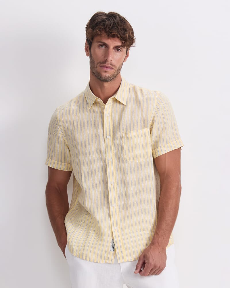 Stripe Short Sleeve Linen Shirt in YELLOW MULTI