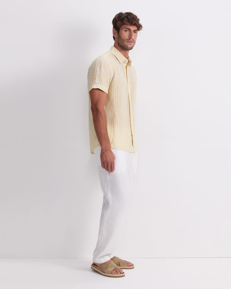 Stripe Short Sleeve Linen Shirt in YELLOW MULTI