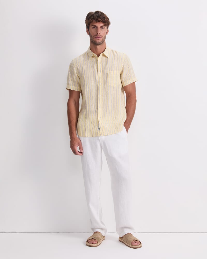 Stripe Short Sleeve Linen Shirt in YELLOW MULTI