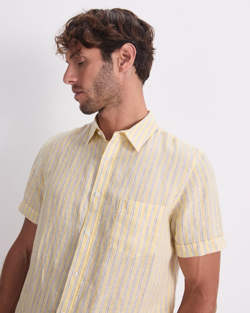 Stripe Short Sleeve Linen Shirt in YELLOW MULTI