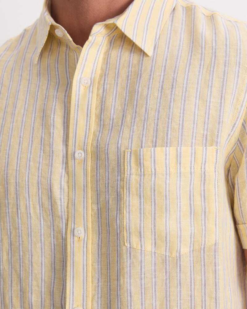 Stripe Short Sleeve Linen Shirt in YELLOW MULTI