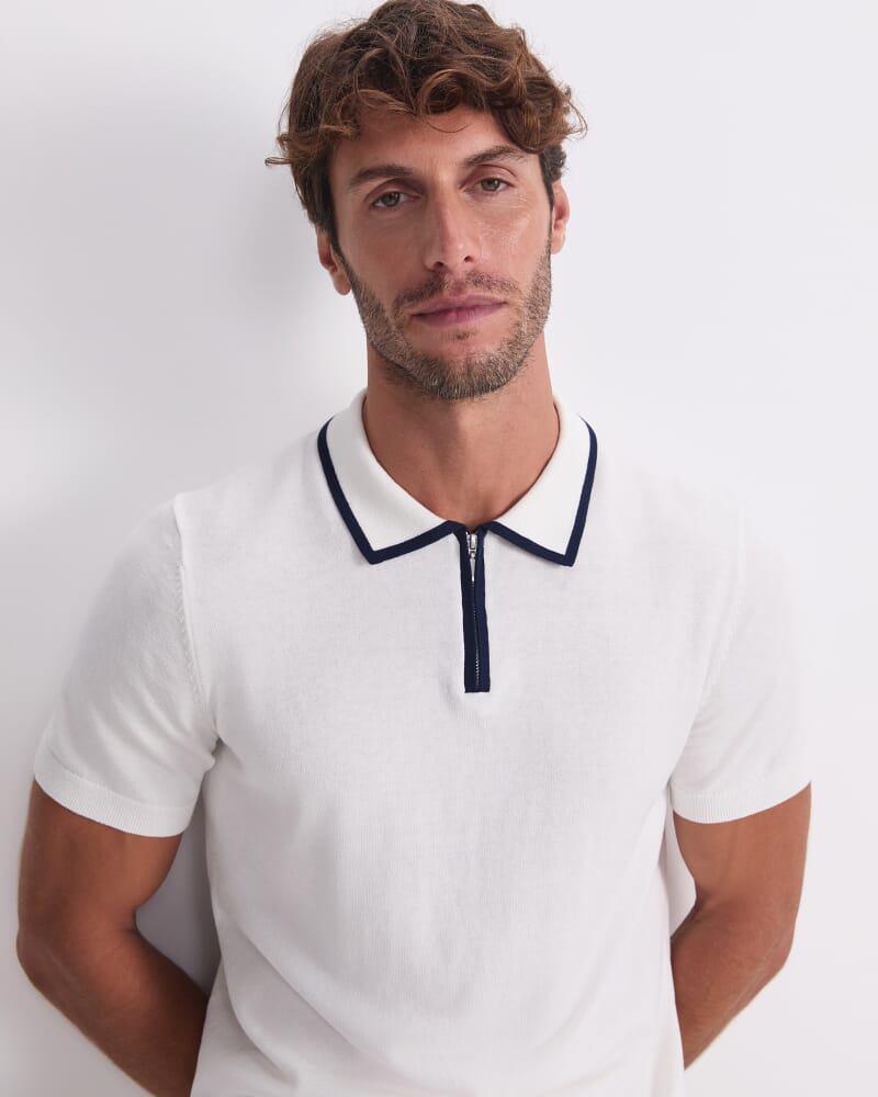 Brookes Quarter Zip Knit Polo in ECRU/NAVY
