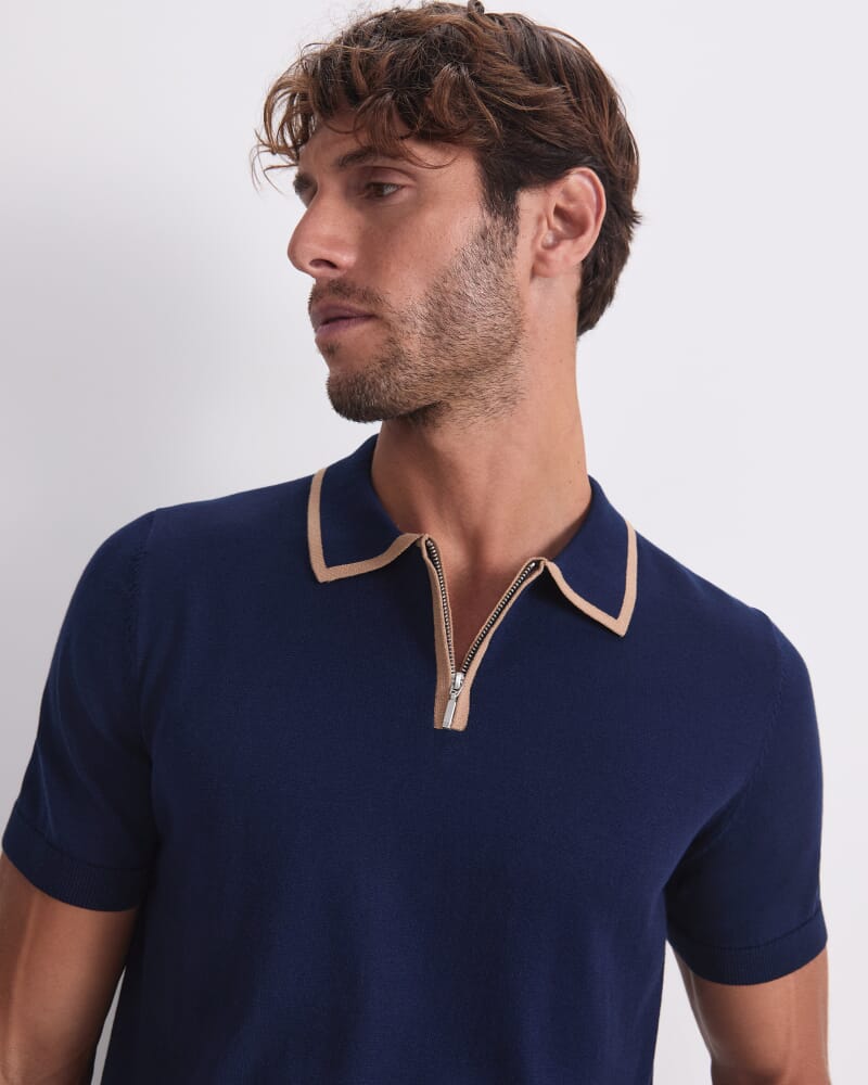 Brookes 1/4 Zip Knit Polo in NAVY/CAMEL