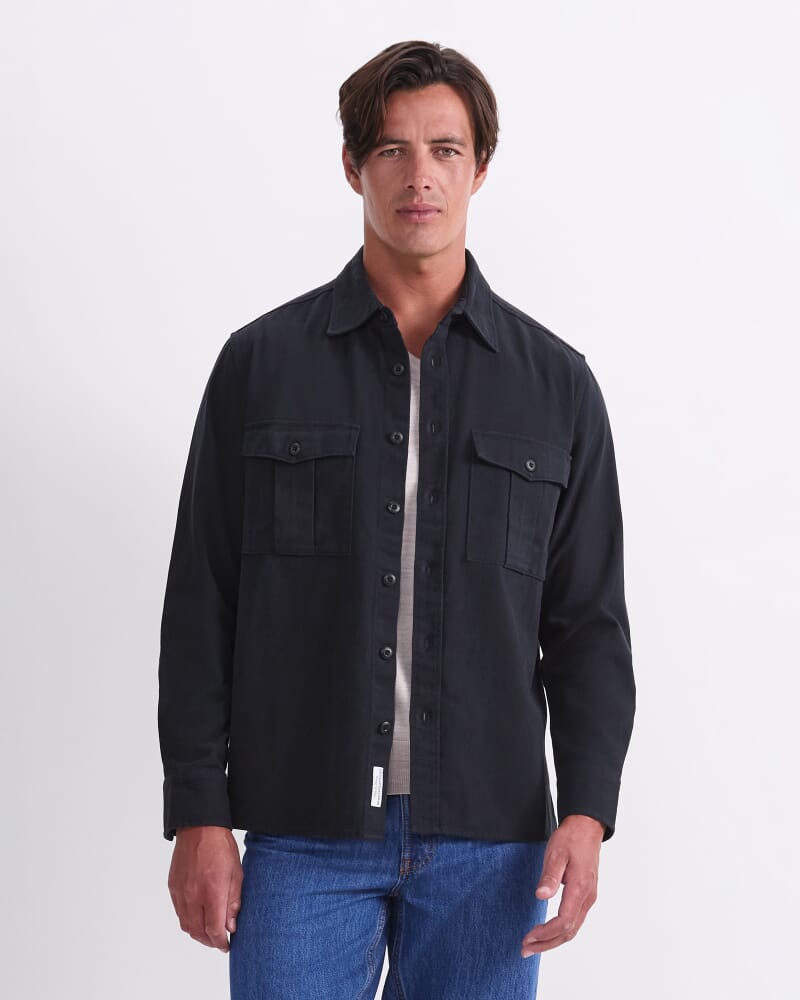 Long Sleeve Double Pocket Overshirt in BLACK