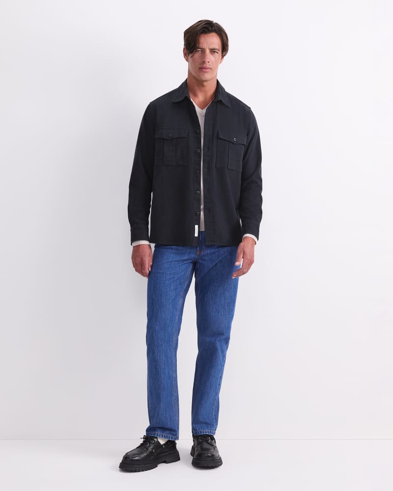 Long Sleeve Double Pocket Overshirt in BLACK