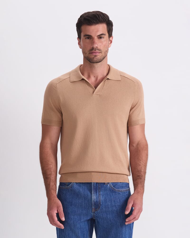 Brookes Short Sleeve Knit Polo in CAMEL