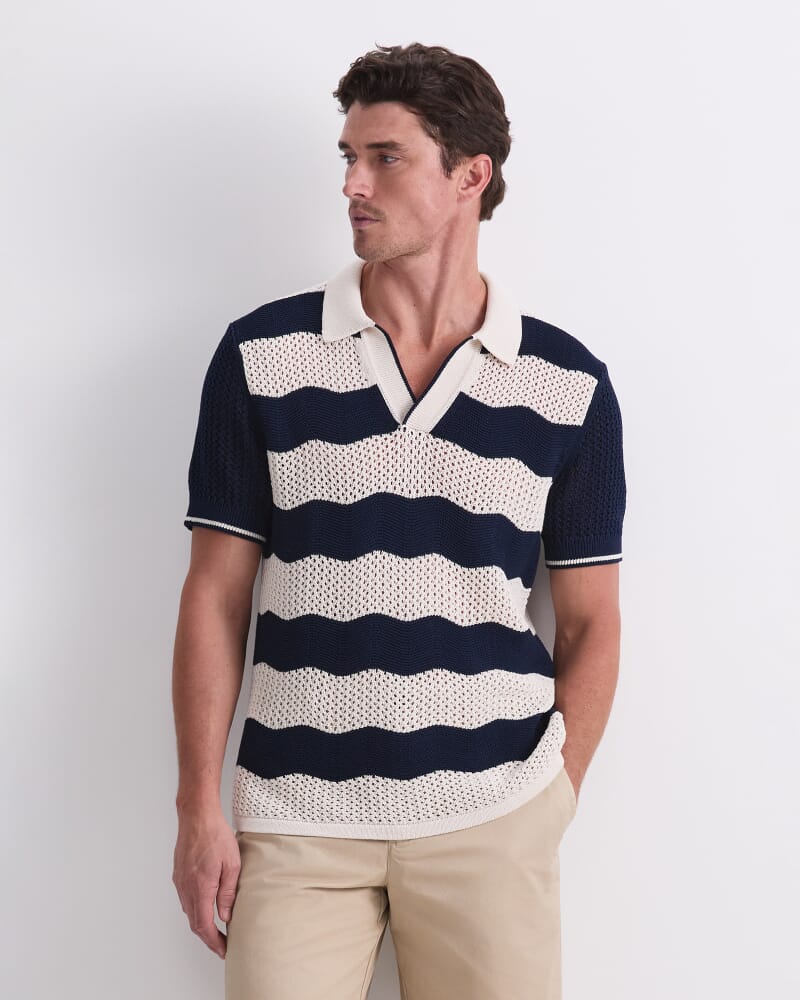 Wave Stripe Knit Polo in NAVY/WHITE