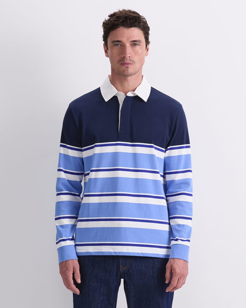 Long Sleeve Stripe Rugby Polo in BLUE MULTI
