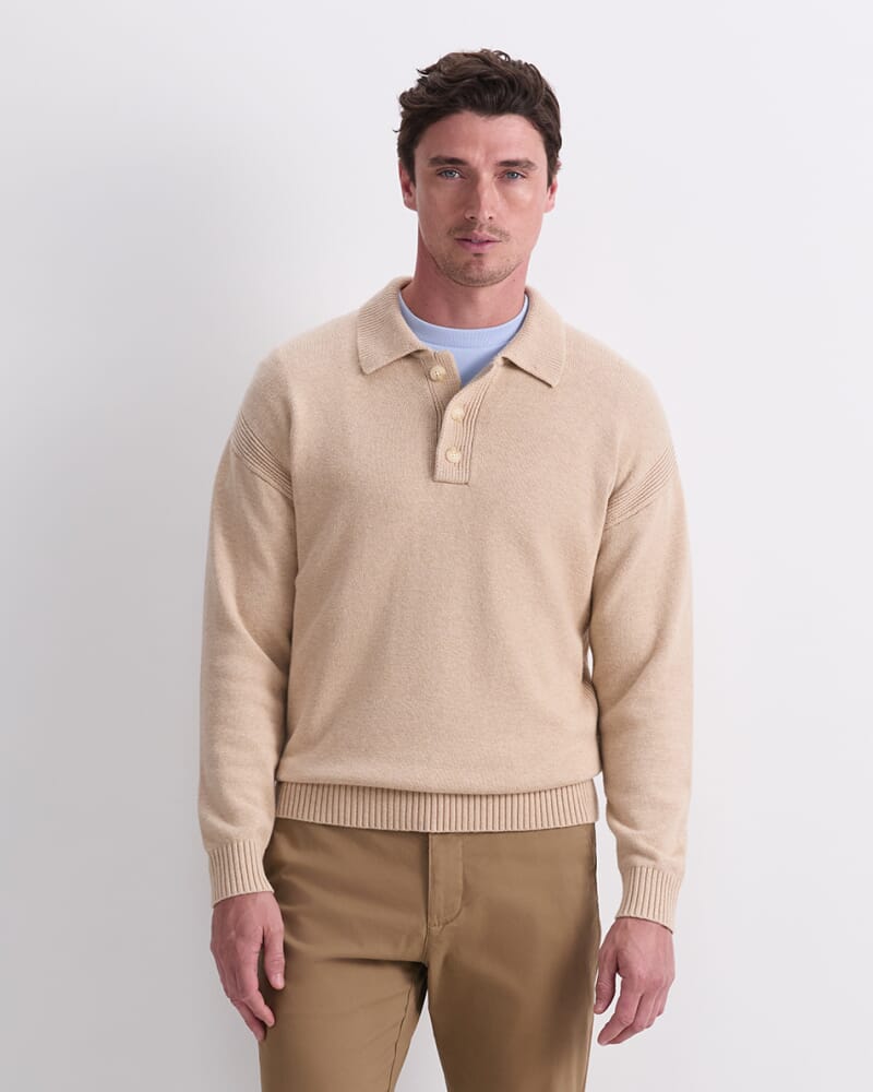 Long Sleeve Knit Polo in STRING