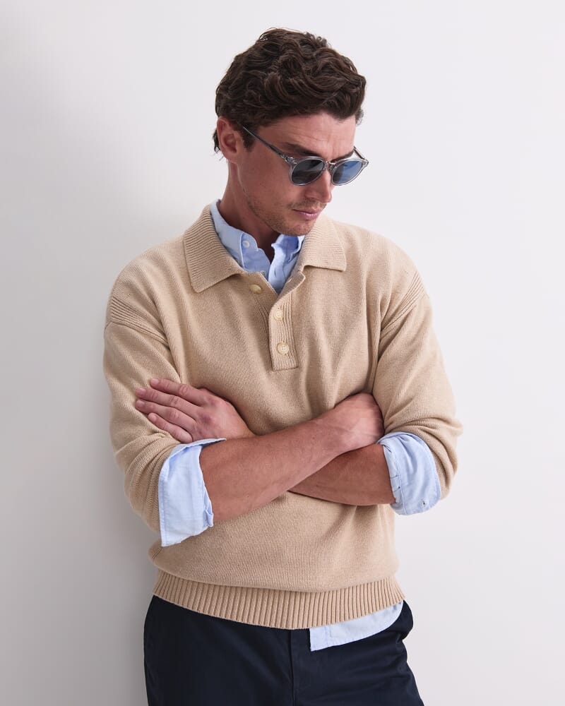 Long Sleeve Knit Polo in STRING