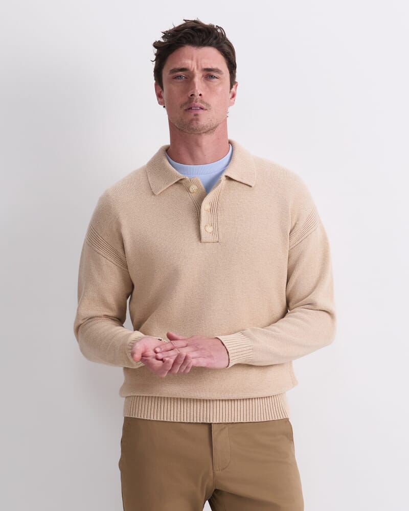 Long Sleeve Knit Polo in STRING