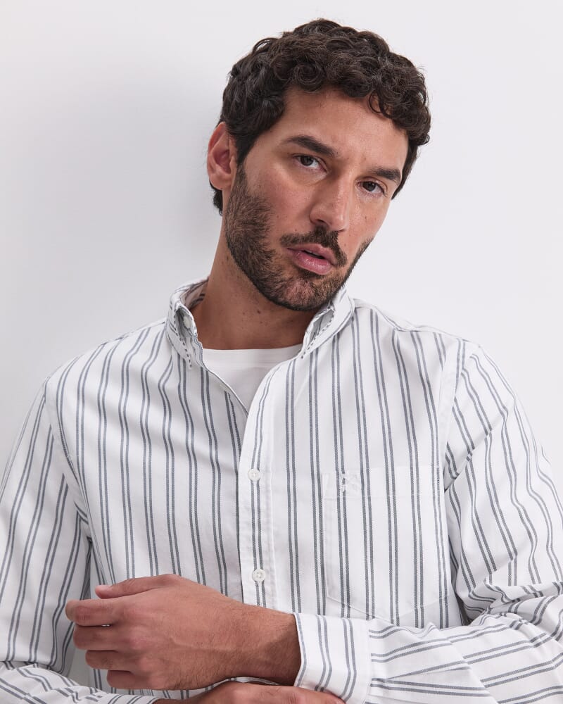 Oxford Long Sleeve Stripe Shirt in WHITE/NAVY