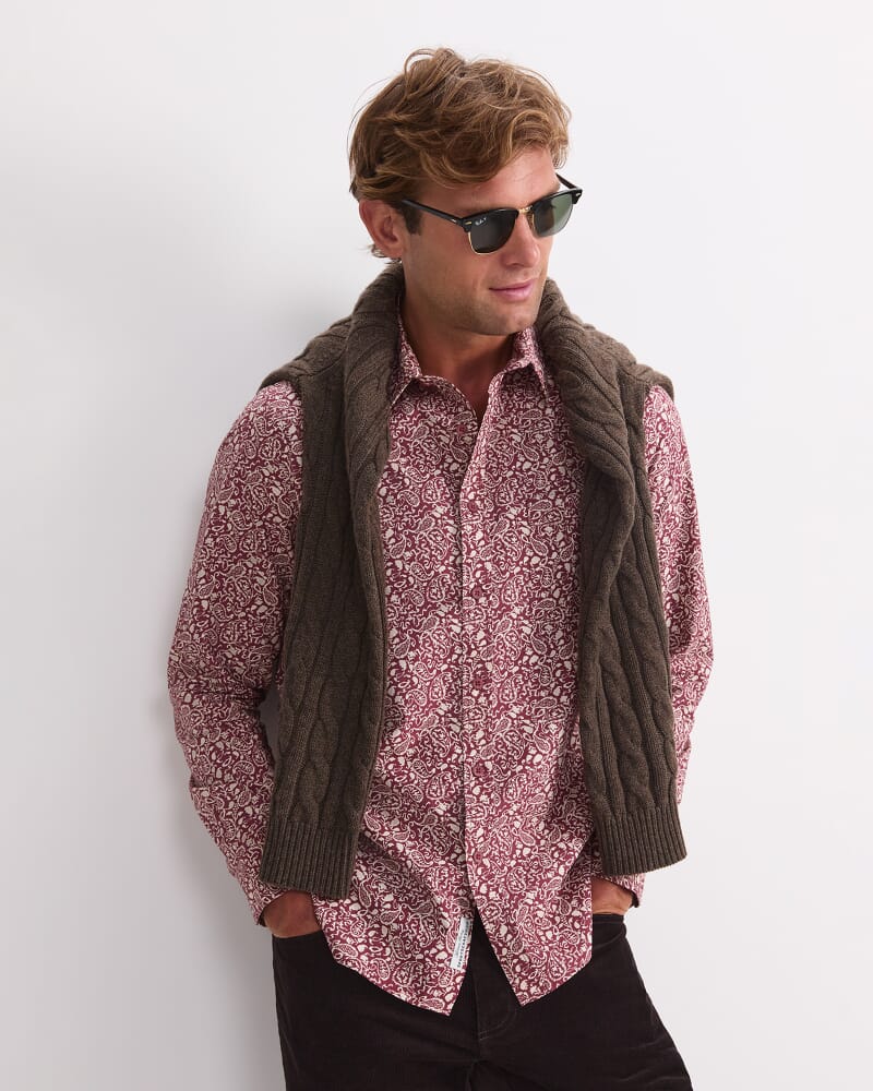 Long Sleeve James Paisley Shirt in BERRY
