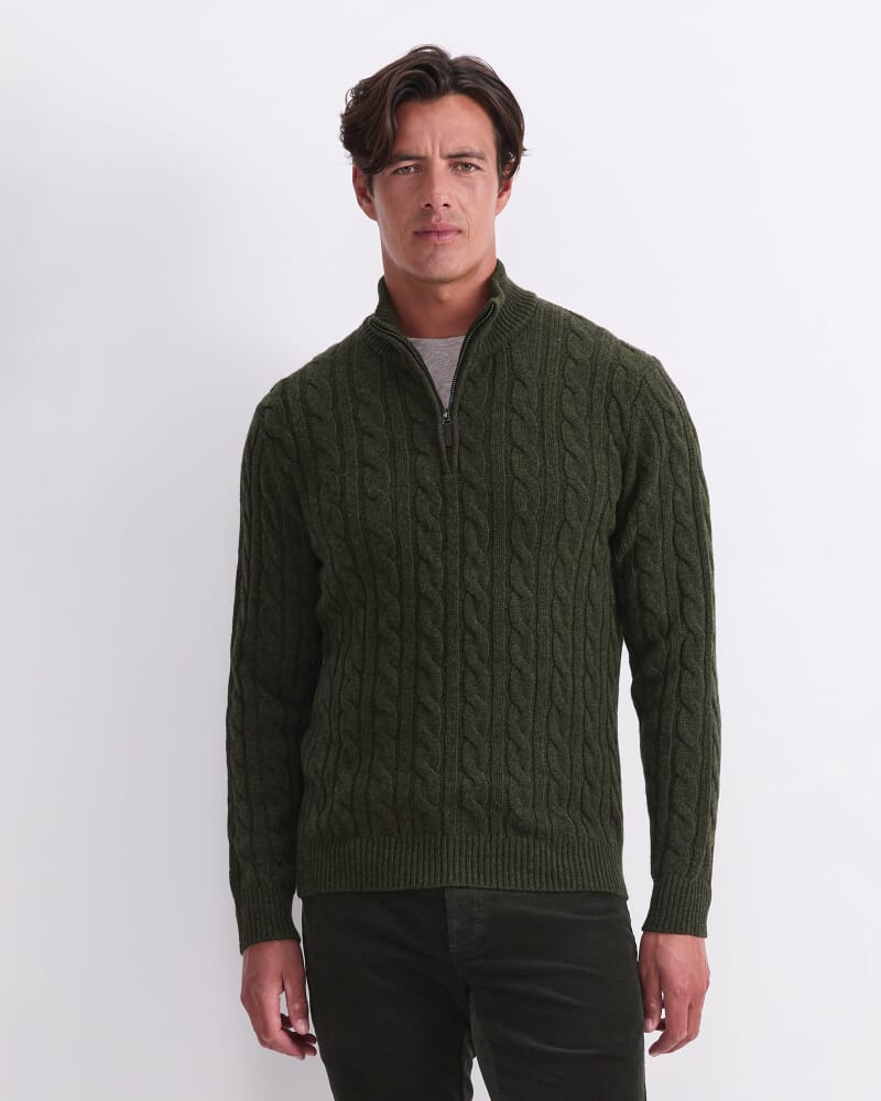 Cable Knit Quarter Zip in FOREST