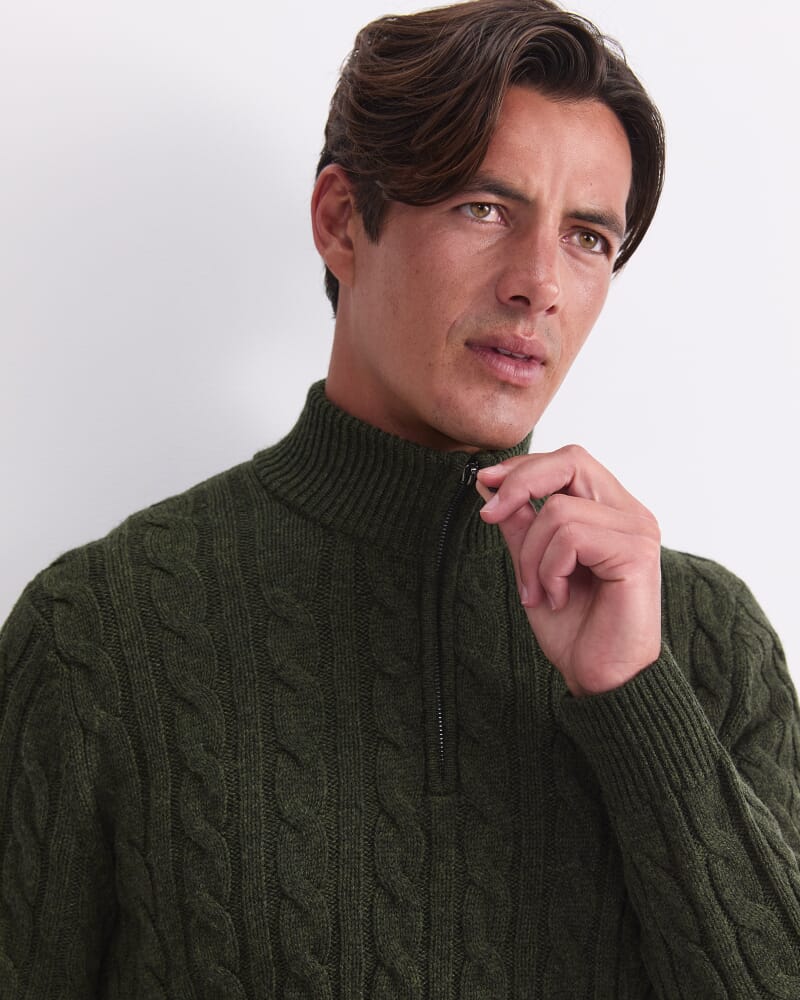 Cable Knit Quarter Zip in FOREST