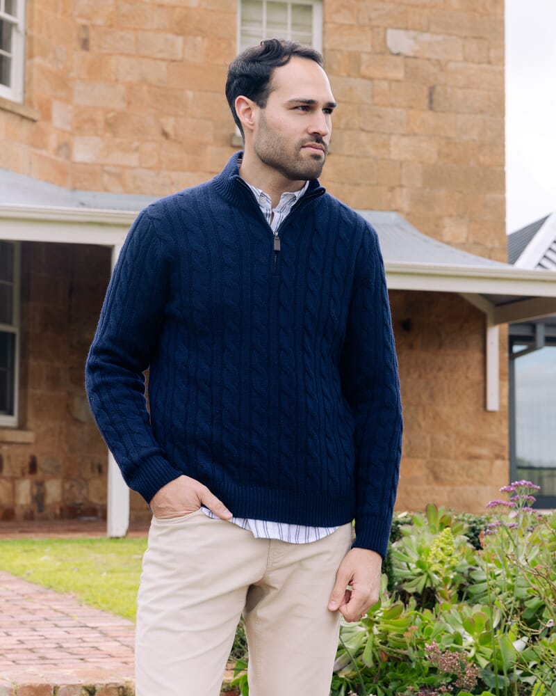 Cable Knit Quarter Zip in NAVY