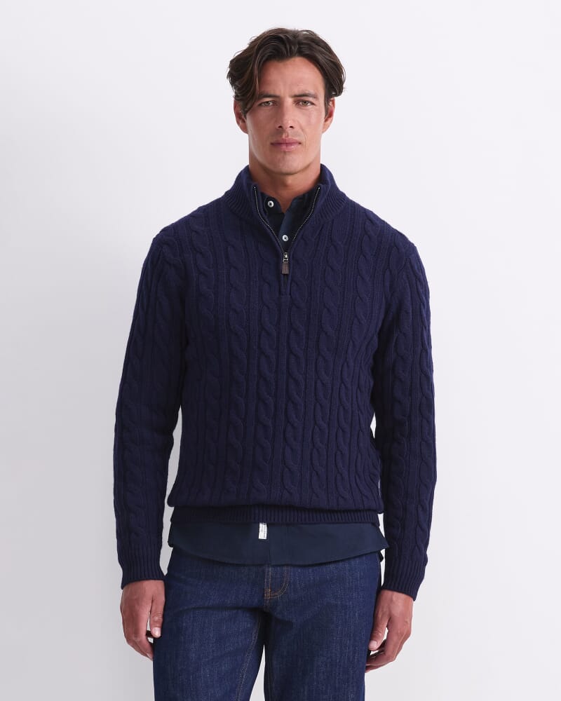 Cable Knit Quarter Zip in NAVY