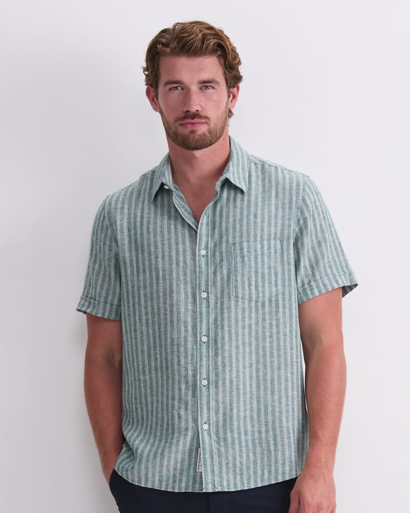 Linen Short Sleeve Stripe Shirt in MALACHITE