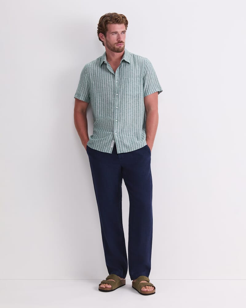 Linen Short Sleeve Stripe Shirt in MALACHITE