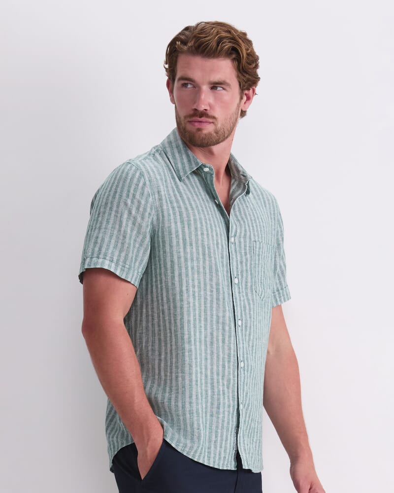 Linen Short Sleeve Stripe Shirt in MALACHITE