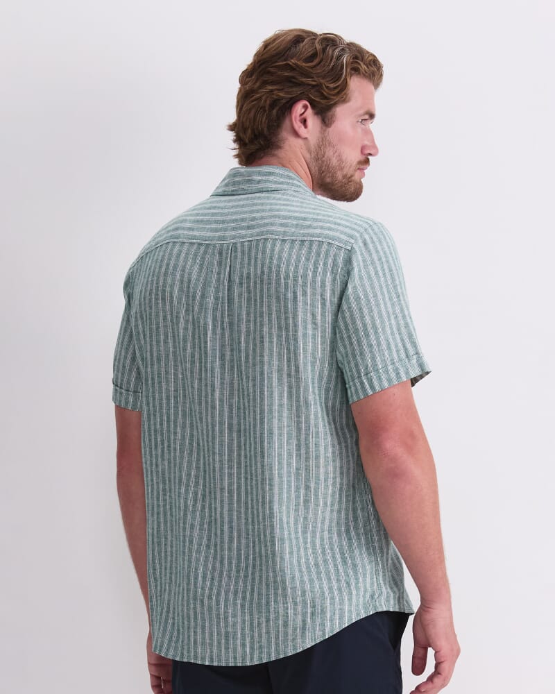 Linen Short Sleeve Stripe Shirt in MALACHITE