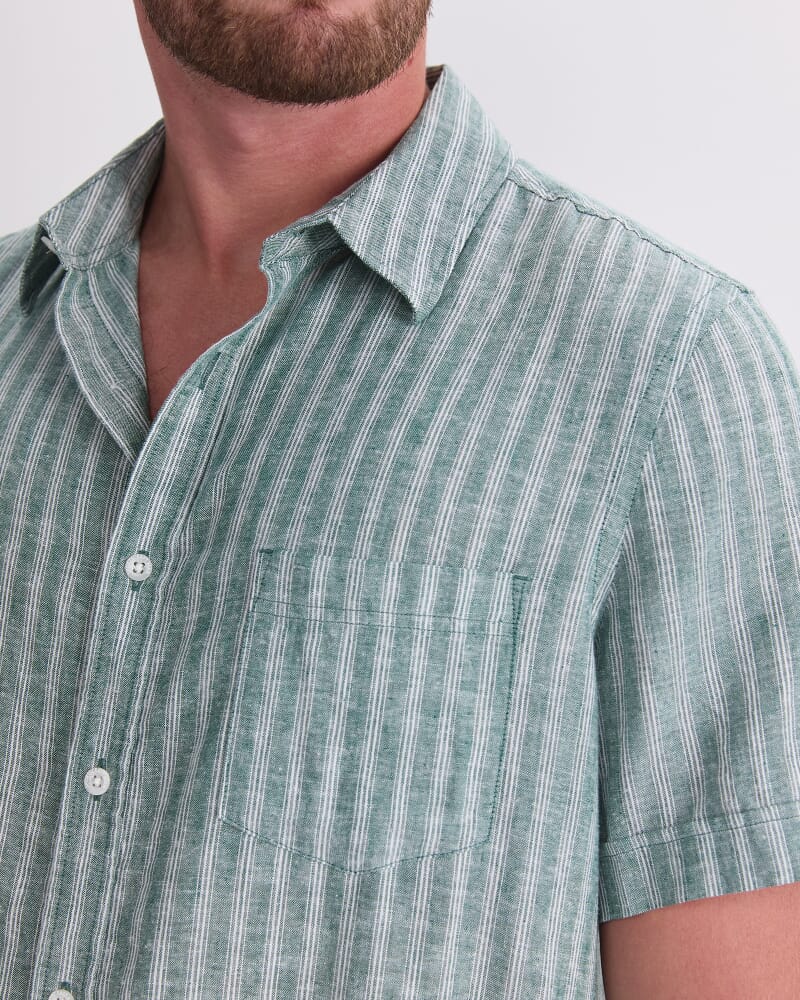 Linen Short Sleeve Stripe Shirt in MALACHITE