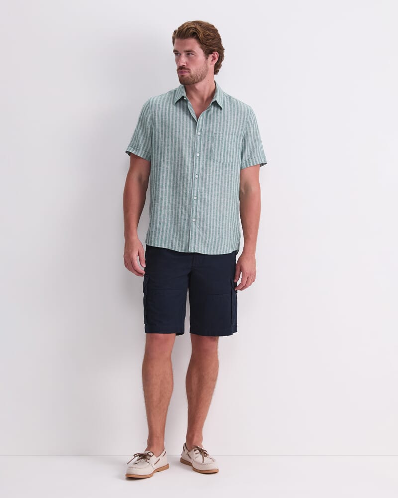 Linen Short Sleeve Stripe Shirt in MALACHITE
